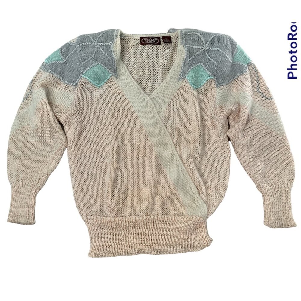 VTG 80s Ginenne Sweater Womens L Angora Eggshell Pastel Diamond V Neck Wrap